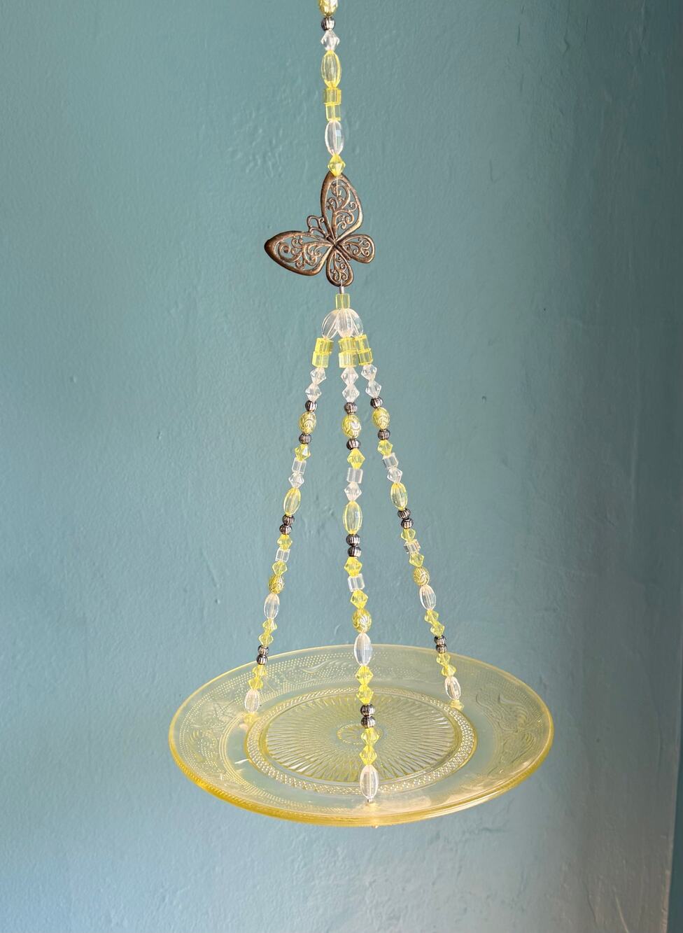 Vintage Yellow Depression Glass Bird Feeder 8.5” Patrician Spoke Suncatcher Art